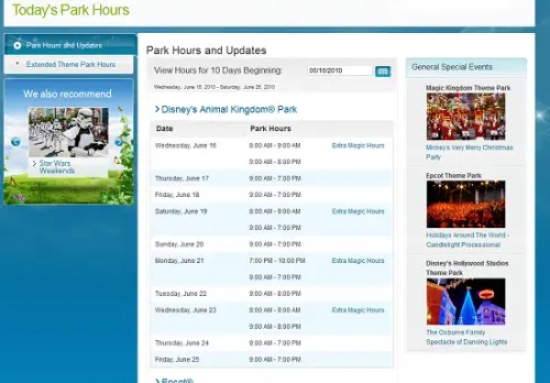 New on the Disney Website - Disney Park Hours and Updates