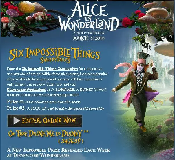 Enter the Alice in Wonderland “6 Impossible Things” Sweepstakes!