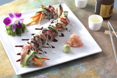 Dragon Roll tempura shrimp marinated tuna seard tuna wasabi cream spicy teriyaki 640x426