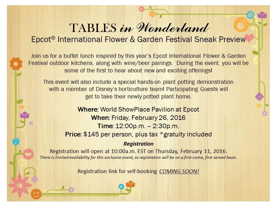 Epcot Flower & Garden Festival Sneak Preview for Tables in Wonderland Members