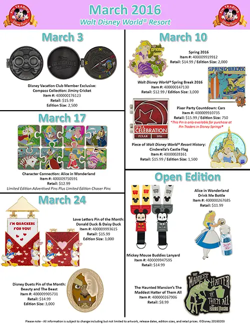 New Pins coming to Walt Disney World & Disneyland this March