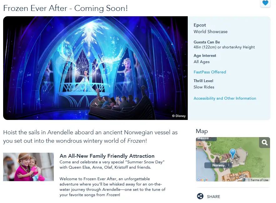 Frozen Ever After appears in My Disney Experience!