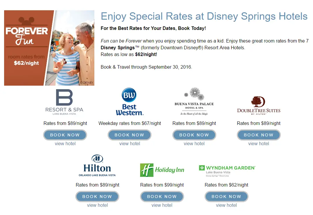 Disney Springs Resort Area Hotels offers for amazing end of summer vacations!