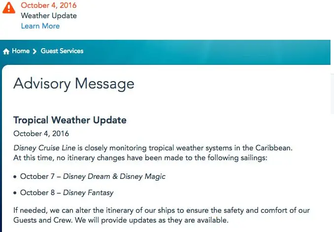 Disney Cruise Line Issues a Tropical Weather Update