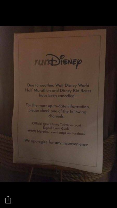 Disney Cancels Half Marathon and Kid Races for tomorrow due to weather