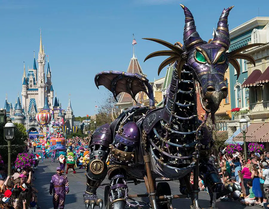 Fire-breathing Maleficent Dragon float returning to Festival of Fantasy Parade at Magic Kingdom