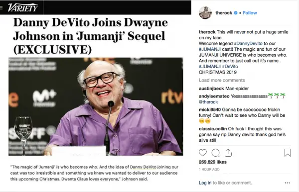 'Jumanji' Sequel Adds Danny DeVito to Star With Dwayne Johnson