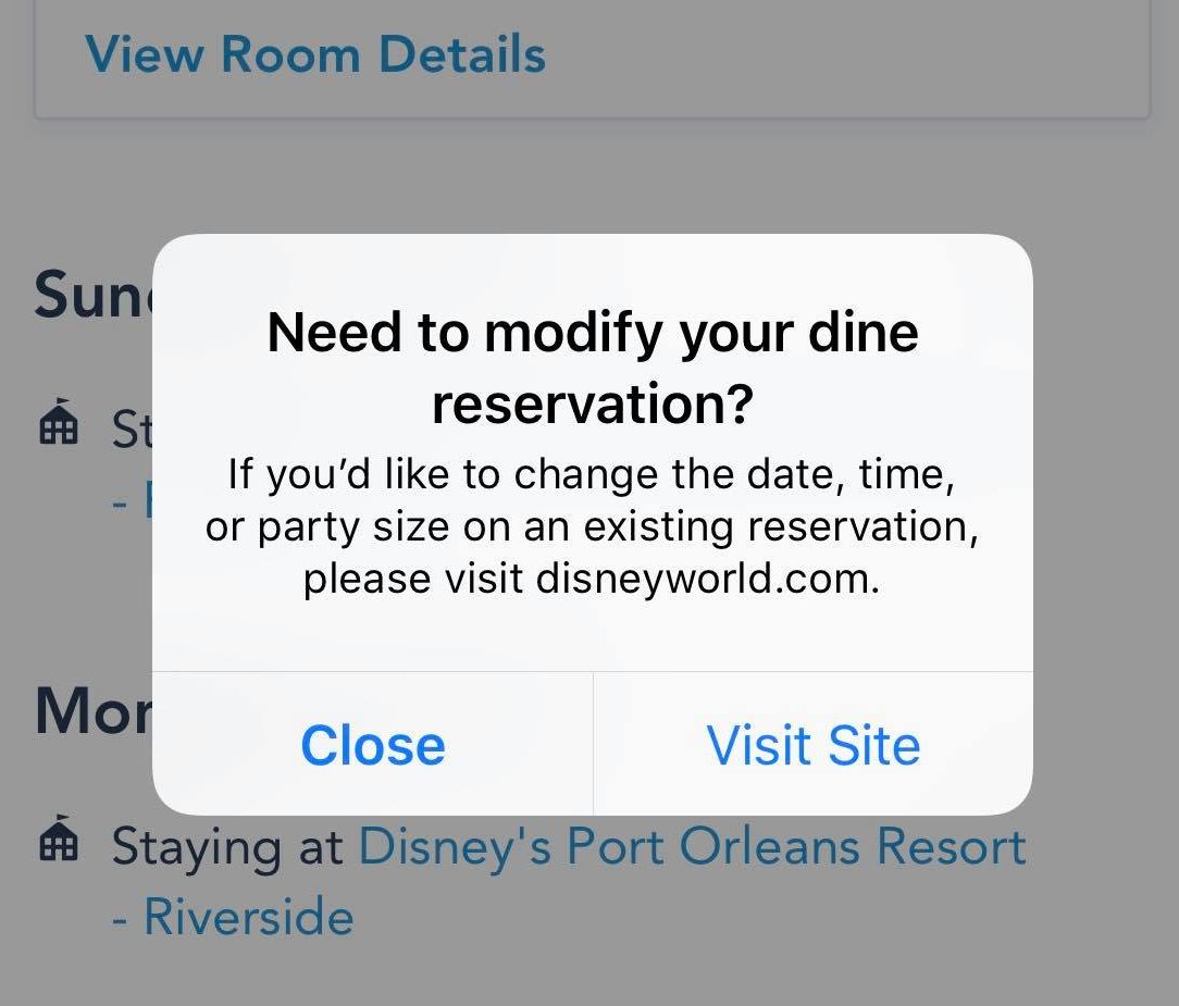 Dining Modification Pop Up Notification on My Disney Experience App