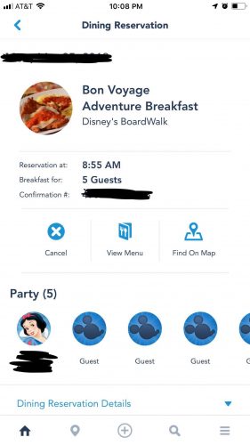 Dining Modification Pop Up Notification on My Disney Experience App