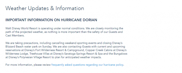 Disney World is monitoring Hurricane Dorian for potential closures