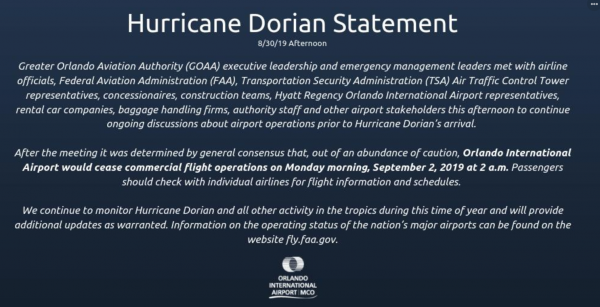 Orlando Airport closing for Hurricane Dorian