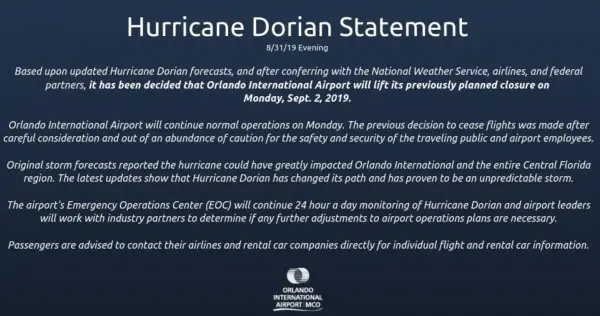 Orlando International Airport will continue with operations on Monday, September 2nd