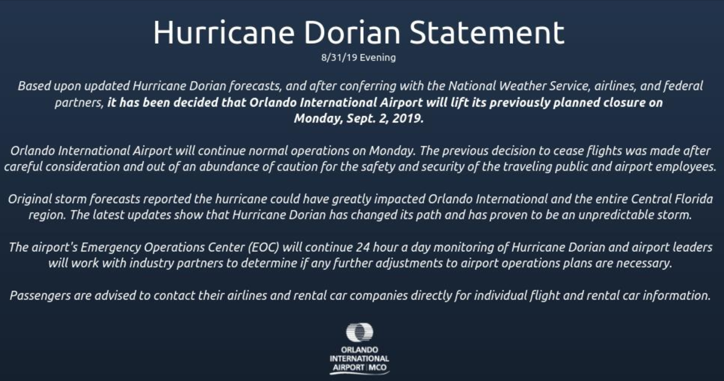 Orlando International Airport will continue with operations on Monday, September 2nd