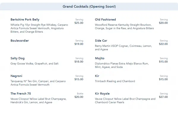 Full menu now available for the Enchanted Rose Lounge at the Grand Floridian Resort