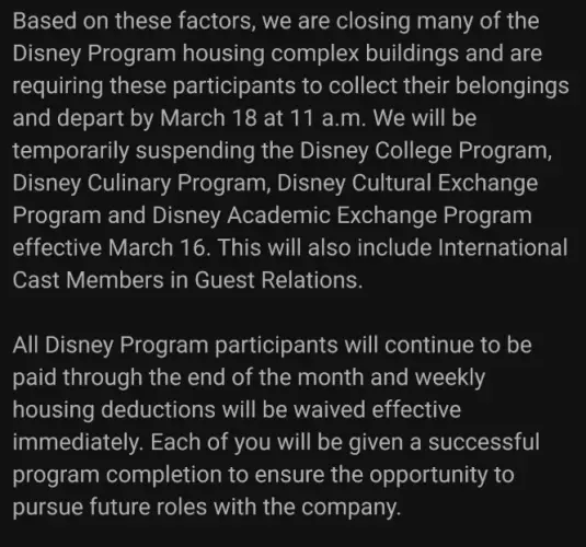 Disney Suspending College Program due to park closure