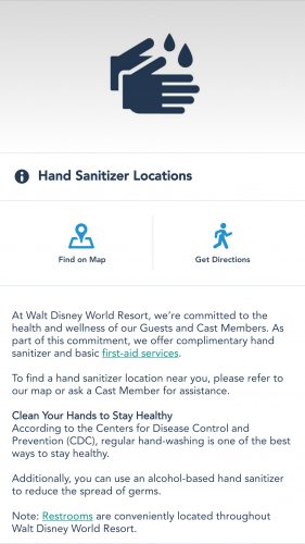 Disney World is now showing Hand Sanitizer Locations on My Disney Experience App