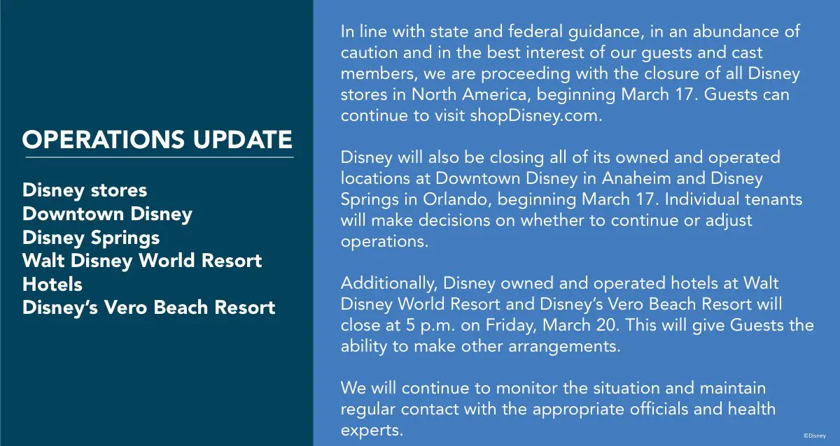 More Disney World Closures including Disney Stores, Hotels, Disney Springs and More