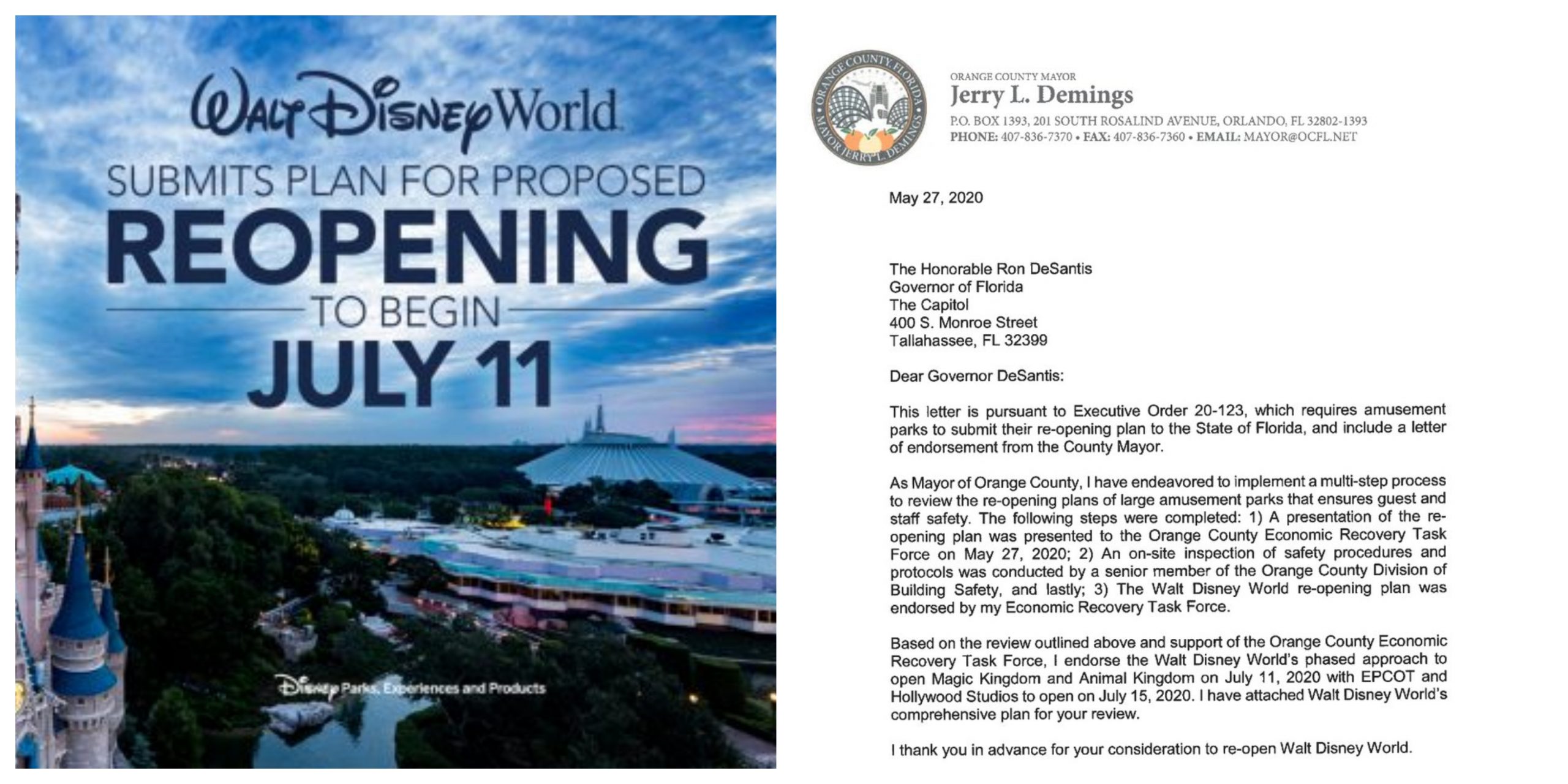 Orange County Mayor Endorses Walt Disney World’s Reopening Plan – Submitted to Governor DeSantis for Final Approval