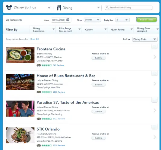 Disney Springs Advanced Dining Reservations Now Showing up on the Disney Website