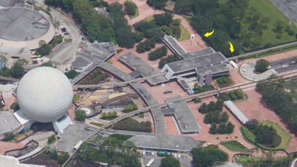 Aerial view of temperature screening tents at the Disney World Theme Parks