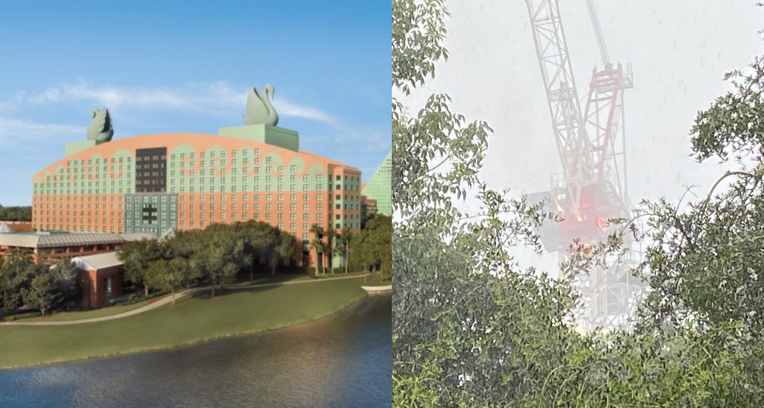 Construction Crane catches on fire at Swan & Dolphin Resort