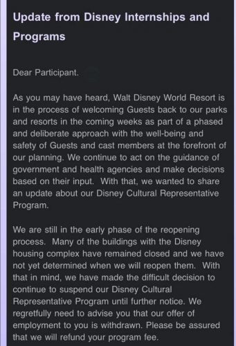 Walt Disney World has fully suspended the Cultural Representative Program