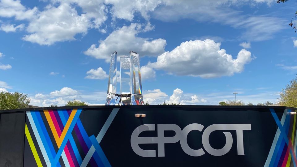 Gorgeous New Epcot Logo Pylons Installed At Main Entrance Fountain