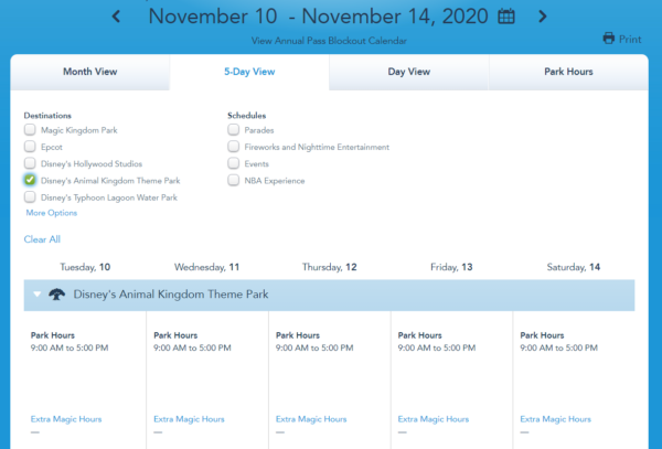 Disney World shows park hours through November 14h