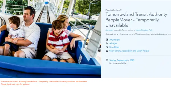 Tomorrowland Transit Authority PeopleMover reopening pushed to November