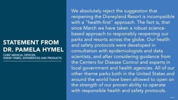 Statement from Disney's Chief Medical Officer regarding the reopening of Disneyland
