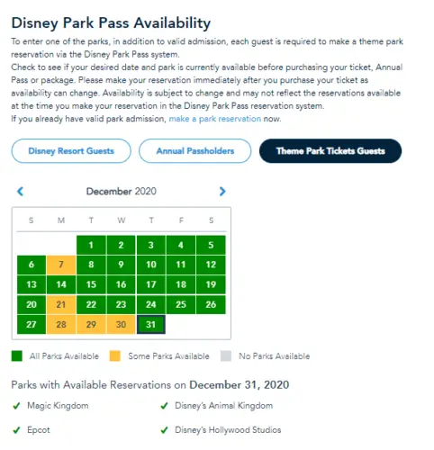 Still availability for New Years Eve Park Passes at Disney World