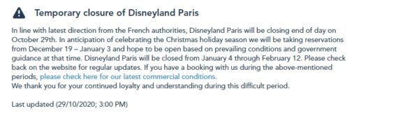 Disneyland Paris will not be opening for the Christmas Holiday