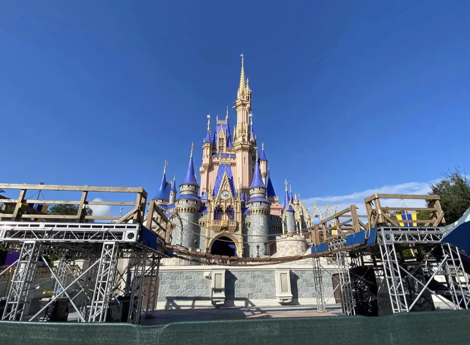 Stage built in front of Cinderella Castle for upcoming Holiday Celebration Special