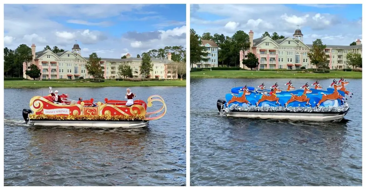 Here comes Santa Claus floating through Disney Springs