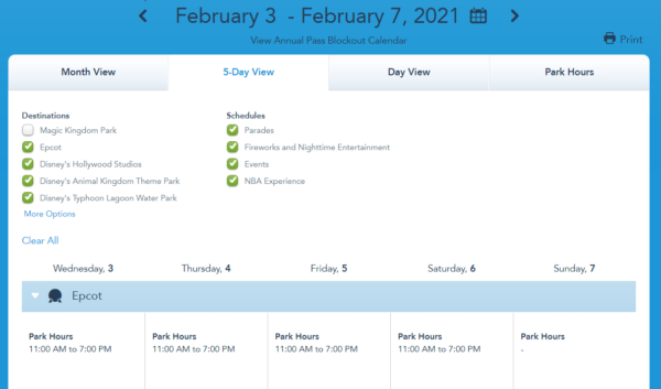 Disney World Theme Park Hours added for February 2021