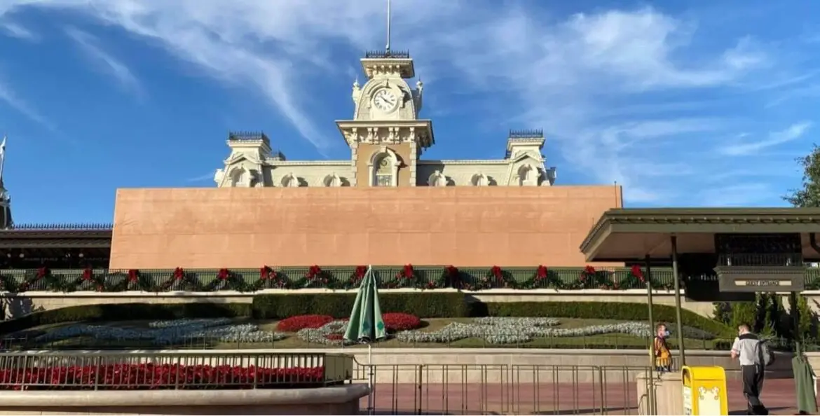 Scrim covering Train Station Now in the Magic Kingdom