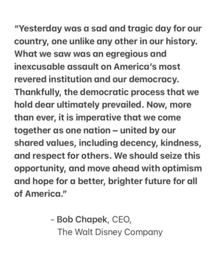 Disney's CEO Bob Chapek issues statement on the incident in the U.S. Capitol yesterday