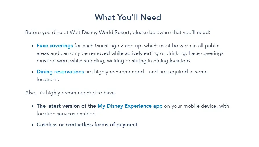 Disney World updates Facemask policy - Face coverings must be worn while standing, waiting or sitting in dining locations.