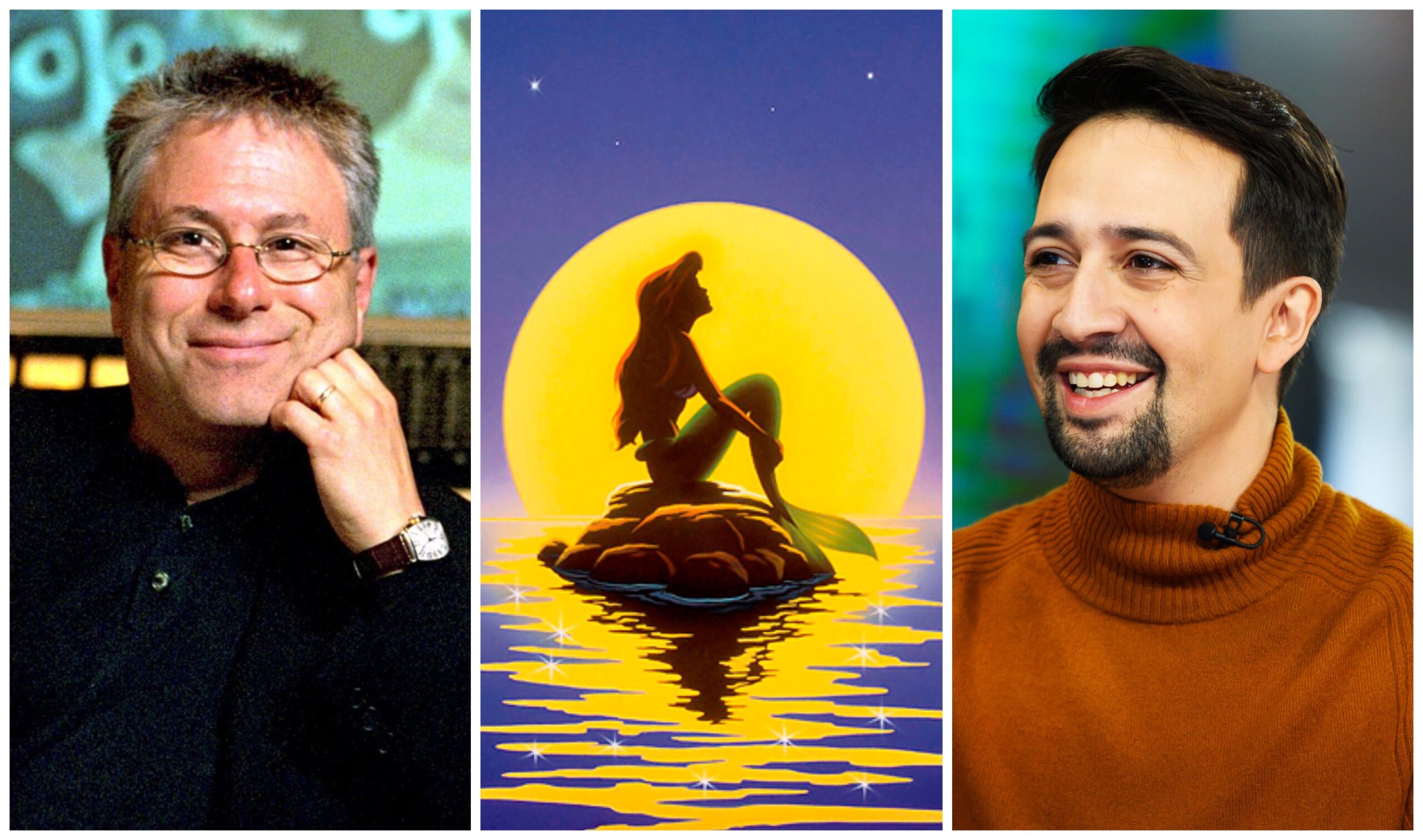 Alan Menken and Lin Manuel-Miranda with a poster of The Little Mermaid between them

