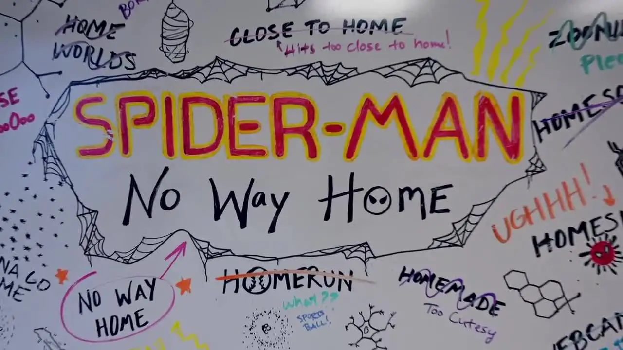 Spider-Man No Way Home title on a white board with marker