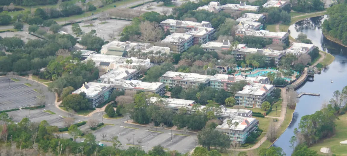 Eerie look at a closed Port Orleans Riverside and French Quarter from the sky