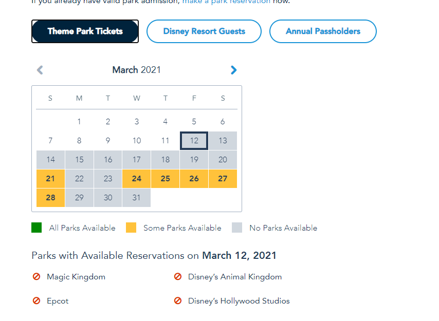 Disney World Theme Park Reservations completely booked through March 20th