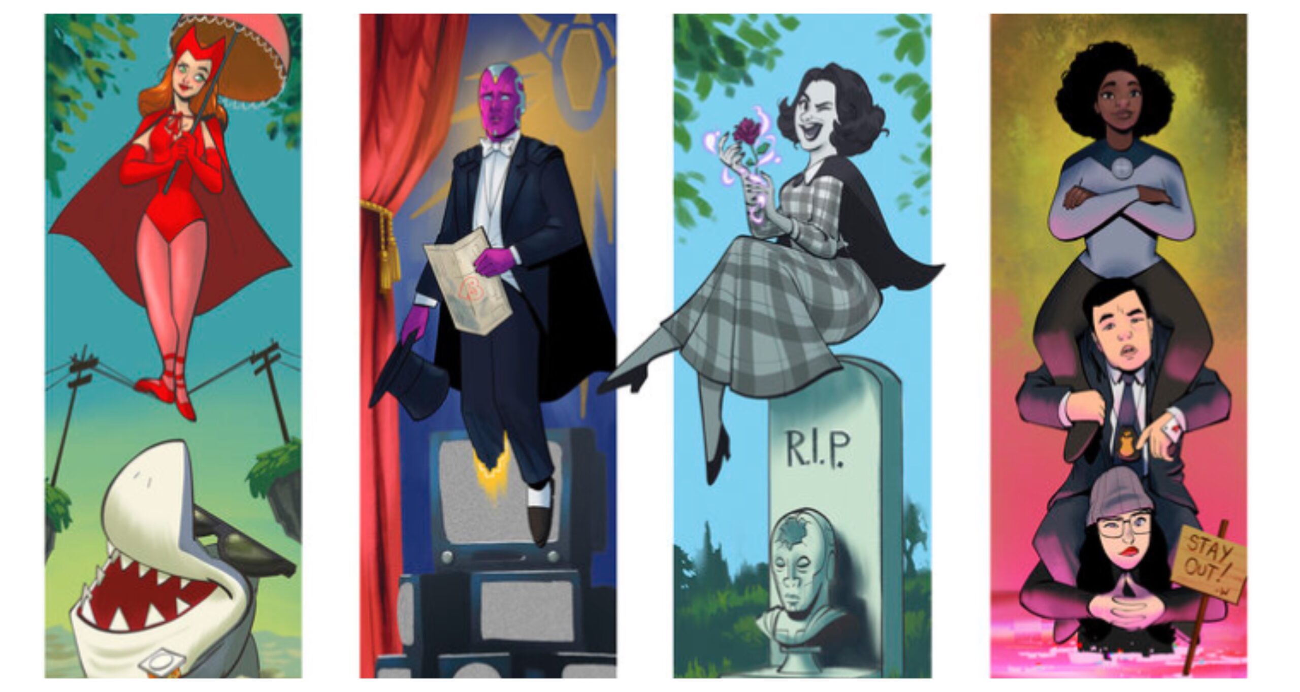 The Cast of WandaVision drawn as the paintings from The Haunted Mansion
