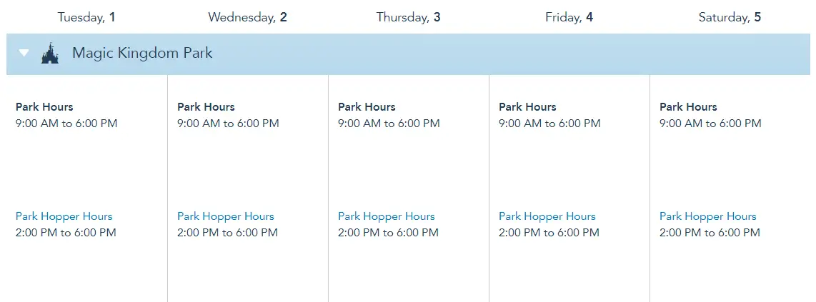 Disney World Theme Park Hours added through June 5th