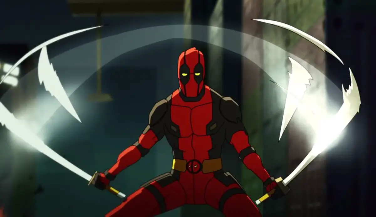 Deadpool in the animated series wielding his katana's