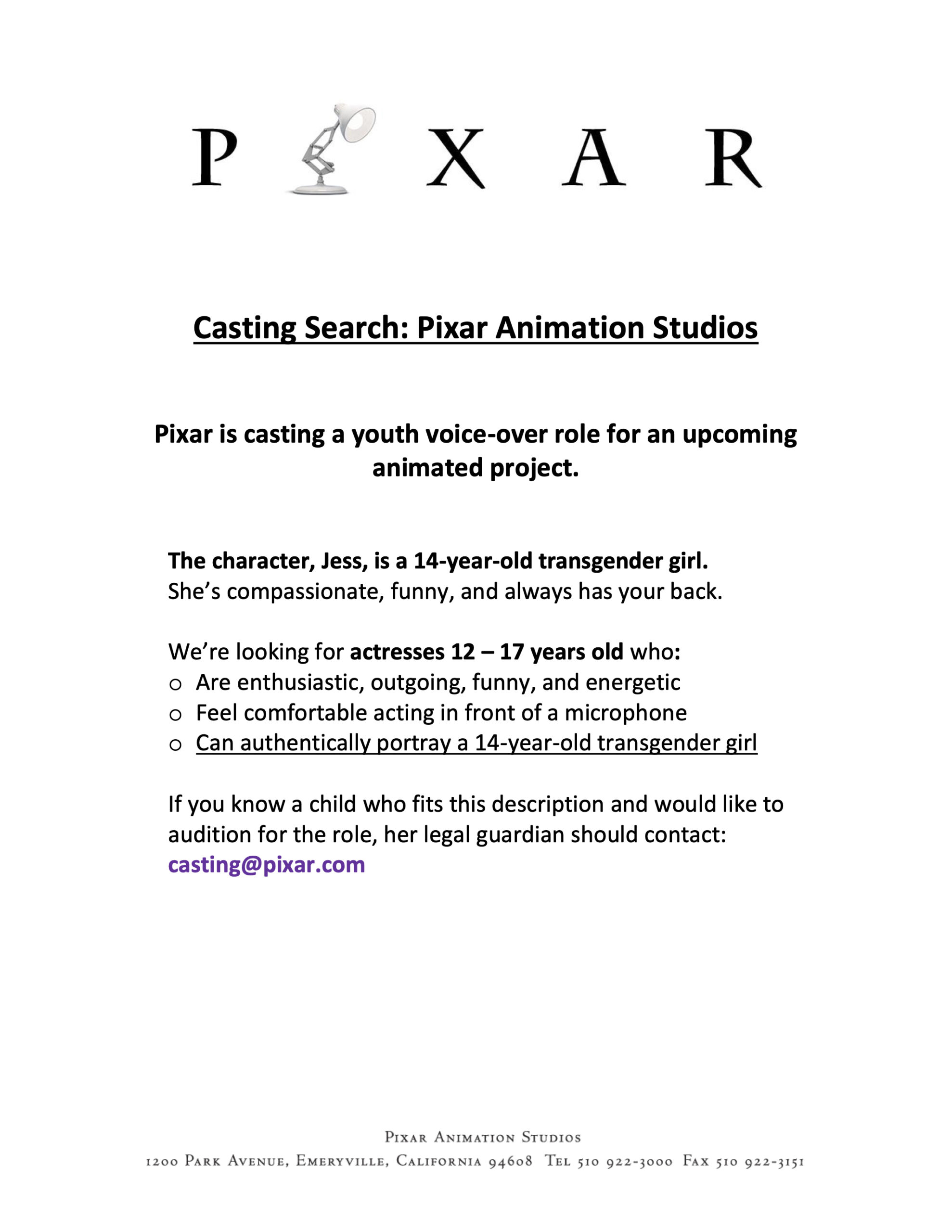 Pixar Announces Casting Search for Their First Transgender Role