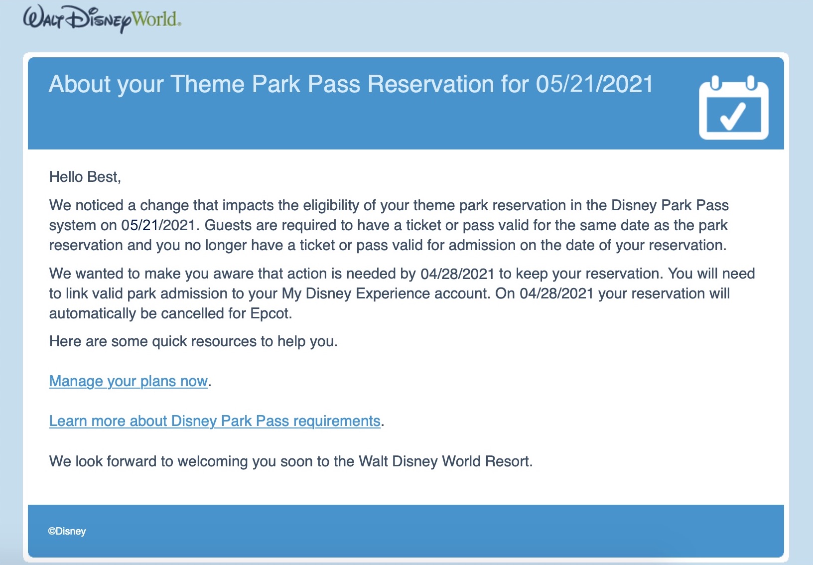 Disney Shares an update on Park Pass Reservation Cancellations