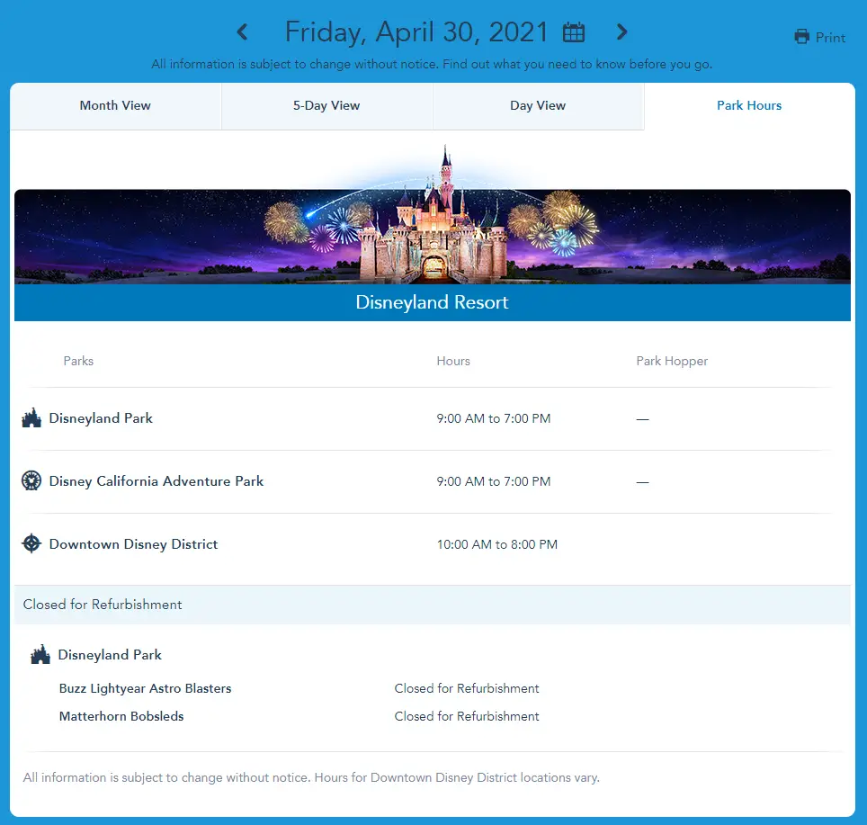 Theme Park Hours for Disneyland Reopening have been released