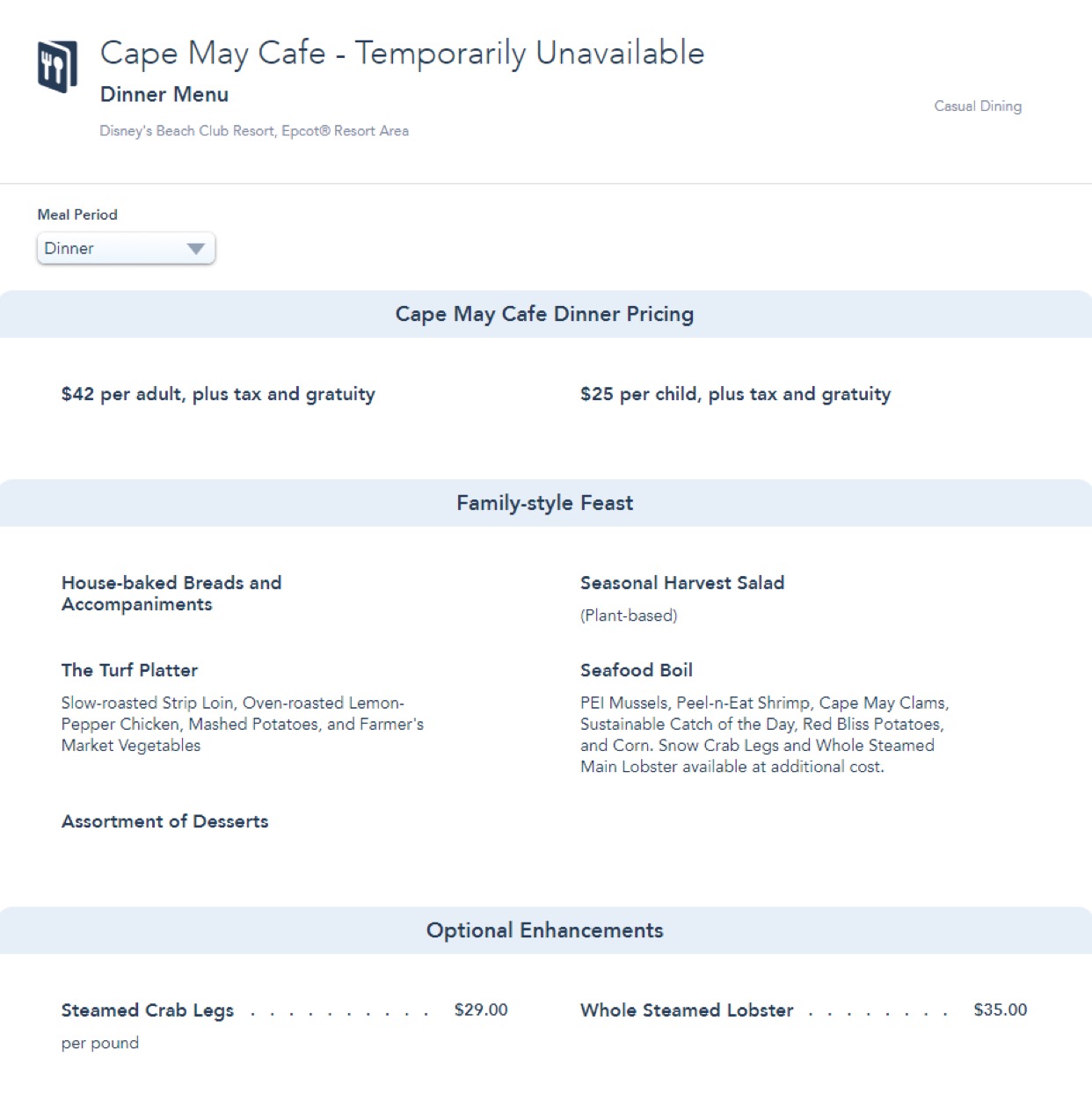 Cape May & Chef Mickey Pricing and Menu revealed