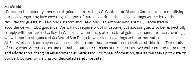Fully Vaccinated Guests visiting SeaWorld Orlando not required to wear masks